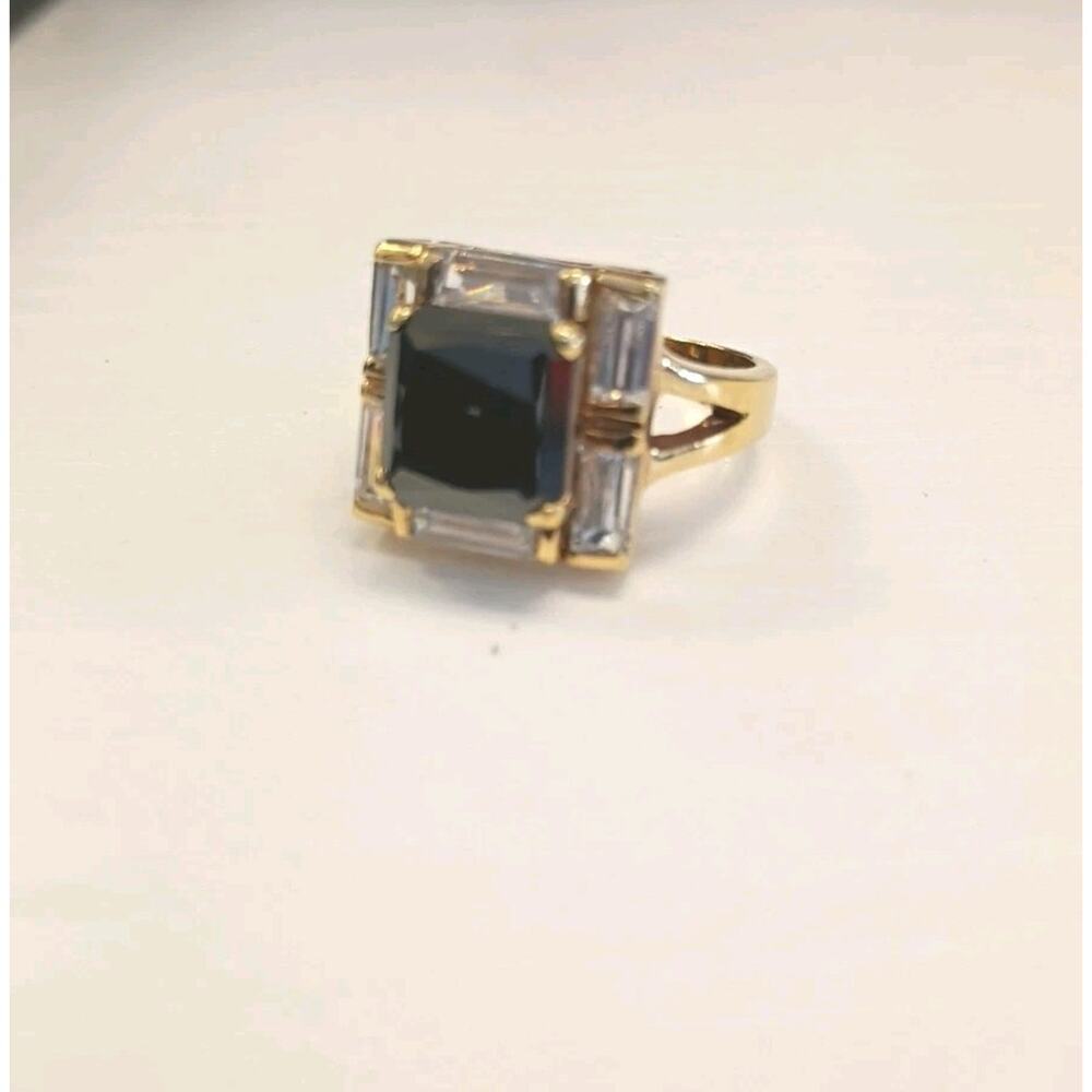 Sterling Silver Gold Tone Black Onyx Center Baguette Ring Size 9 Carole Lombard